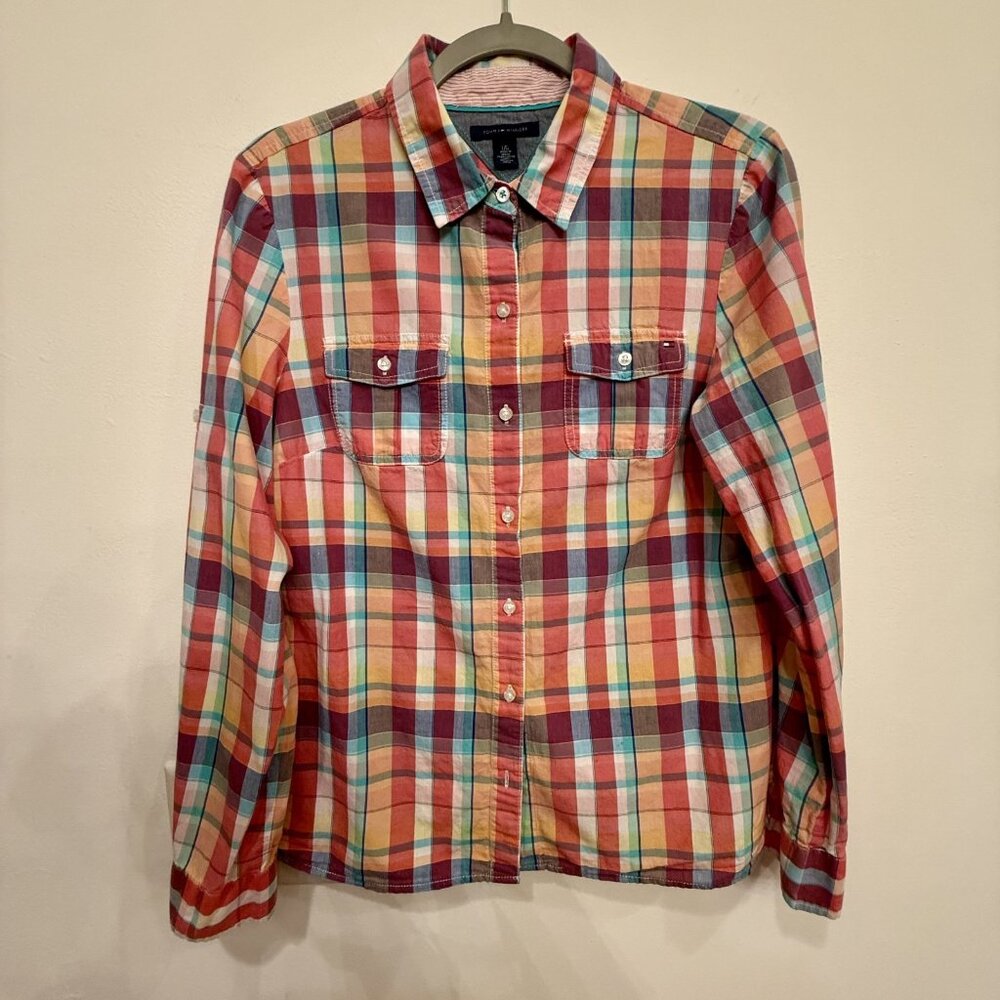 Tommy Hilfiger Youth Plaid Button Down Shirt Red Orange Pink Long Sleeve Large